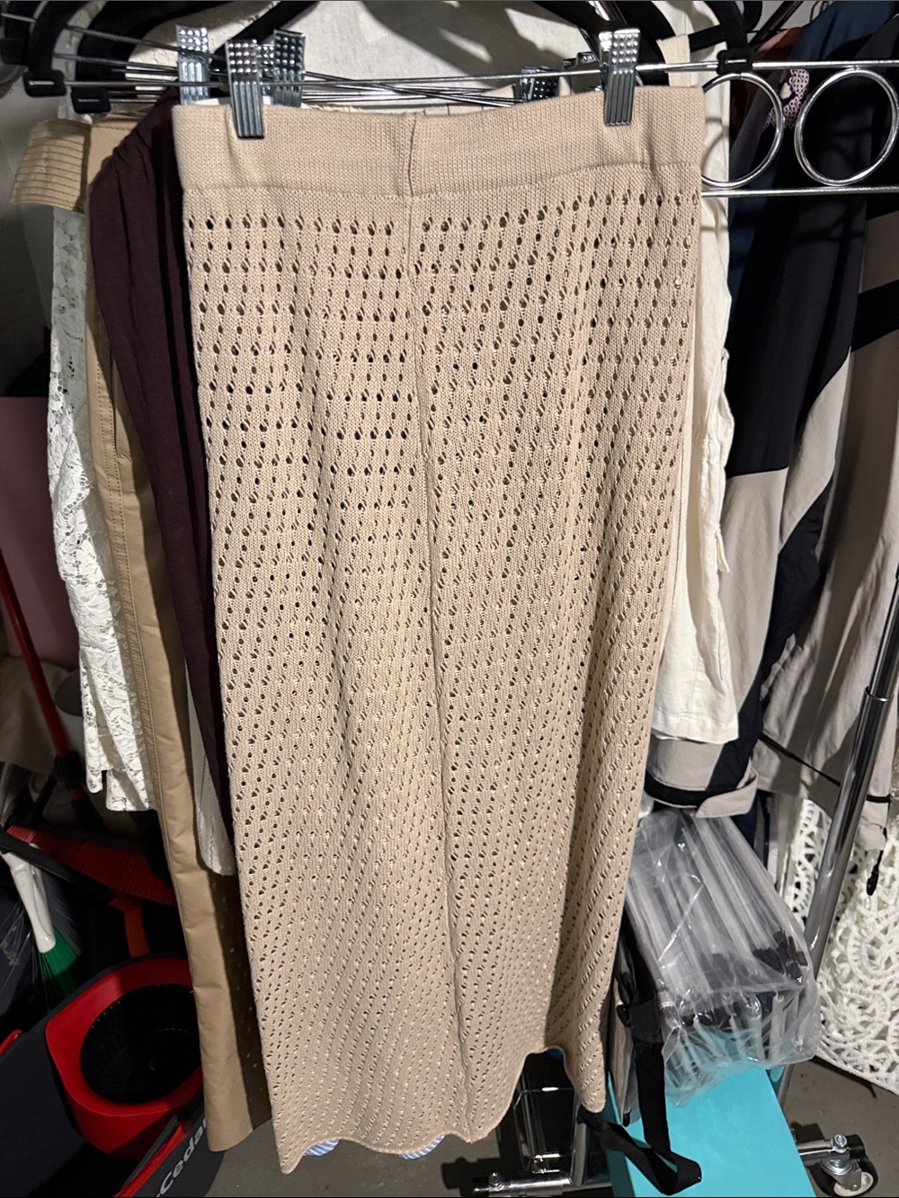 Knit Eyelet Midi Skirt in Beige
